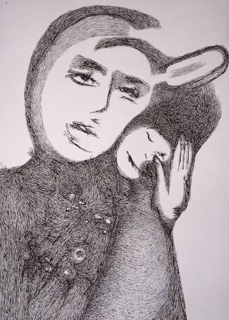 Drawing titled "Mother" by Bora Tür, Original Artwork, Ink