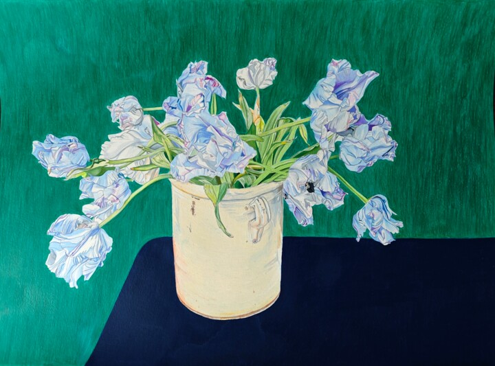 Tekening getiteld "Blue tulips bouquet" door Sandrine Borgniet, Origineel Kunstwerk, Pastel