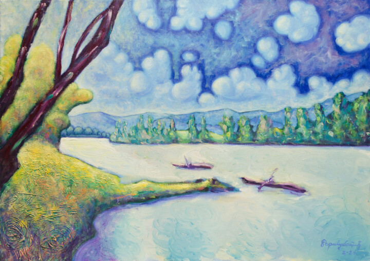 Картина под названием "Boating on River" - Boris Subotic, Подлинное произведение искусства, Масло Установлен на Деревянная р…
