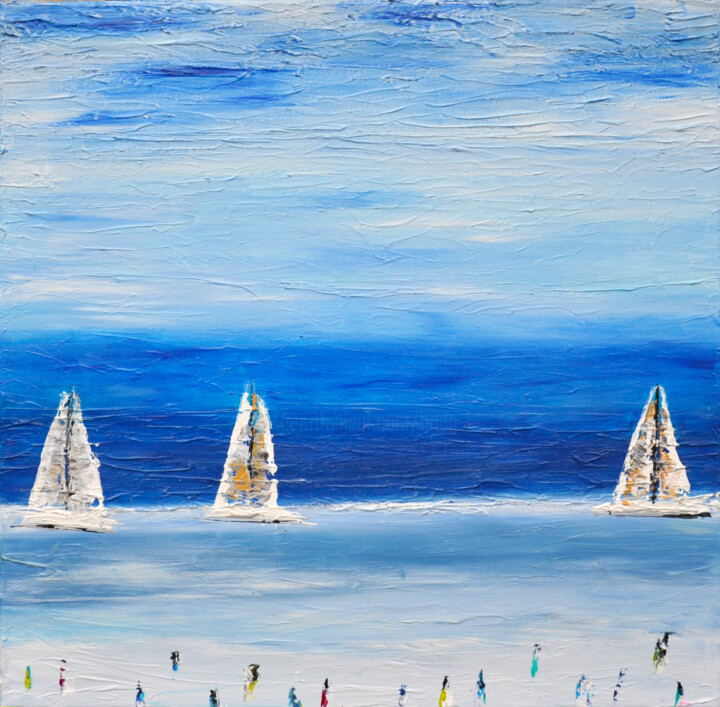 Schilderij getiteld "Ocean bleu" door Bridg', Origineel Kunstwerk, Olie Gemonteerd op Frame voor houten brancard