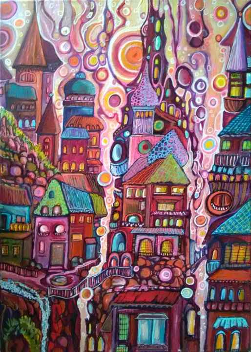 Malerei mit dem Titel "La ville au bord du…" von Brigitte Belhache-Brivoal, Original-Kunstwerk, Acryl