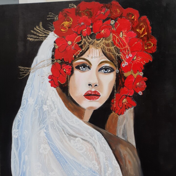 Painting titled "Femme fleurs   6" by Brigitte Bodo, Original Artwork, Enamel Mounted on Wood Stretcher frame