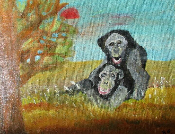 Schilderij getiteld "Chimpanzés" door Bruno Grégory (BG), Origineel Kunstwerk, Acryl