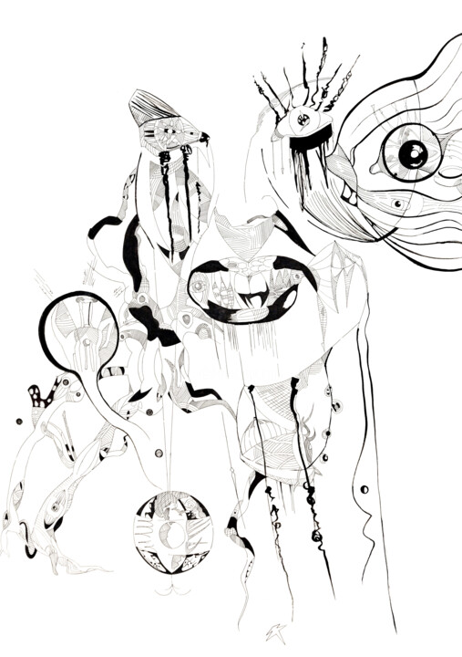 Dessin intitulée "La rage renfermée" par Butty Magali, Œuvre d'art originale, Encre