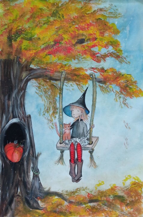 Drawing titled "Before halloween" by By Tata, Original Artwork, Gouache