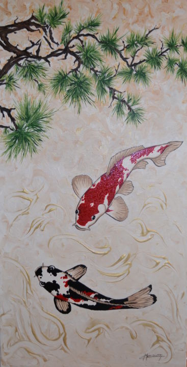 Les Carpes Koi Et La Branche De Pin Peinture Par Opale Isis Artmajeur