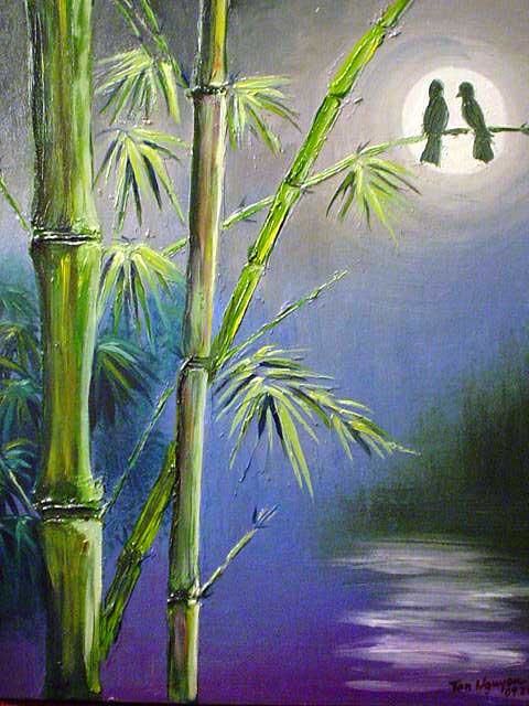 Peinture intitulée "Lovebirds on Bamboo" par Tan Nguyen, Œuvre d'art originale, Huile