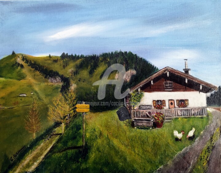 Painting titled "Reischeralm Acryl /…" by Cäcilia Schlapper, Original Artwork, Acrylic Mounted on Wood Stretcher frame
