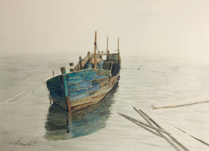 Pintura intitulada "The boat watercolor…" por Fangcai, Obras de arte originais, Aquarela