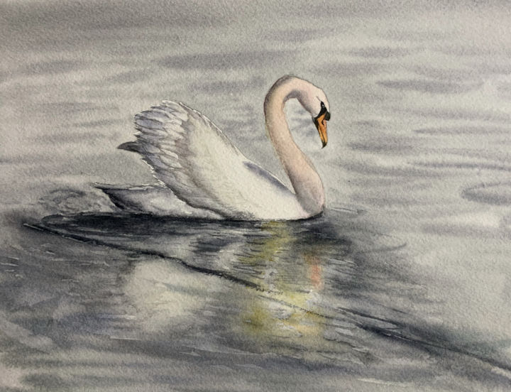 Pintura intitulada "Swan watercolor pai…" por Fangcai, Obras de arte originais, Aquarela