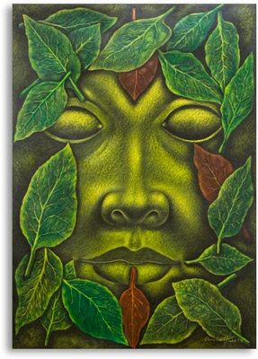 Painting titled ""Mask among leaves1"" by Candidogallo, Original Artwork, Other