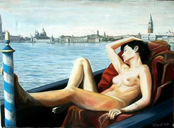 Painting titled "Nus dans la gondole" by Henri Capell, Original Artwork