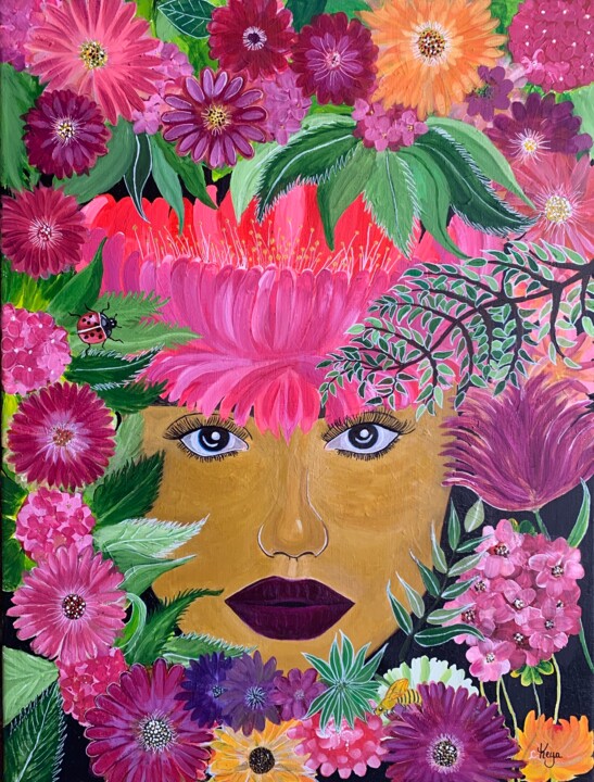 Malarstwo zatytułowany „La fille en fleur” autorstwa Cara Keya, Oryginalna praca, Akryl Zamontowany na Drewniana rama noszy