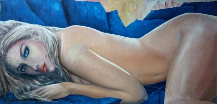 「Diana | Blue Sofa」というタイトルの絵画 Cardoso Manuによって, オリジナルのアートワーク, オイル ウッドストレッチャーフレームにマウント