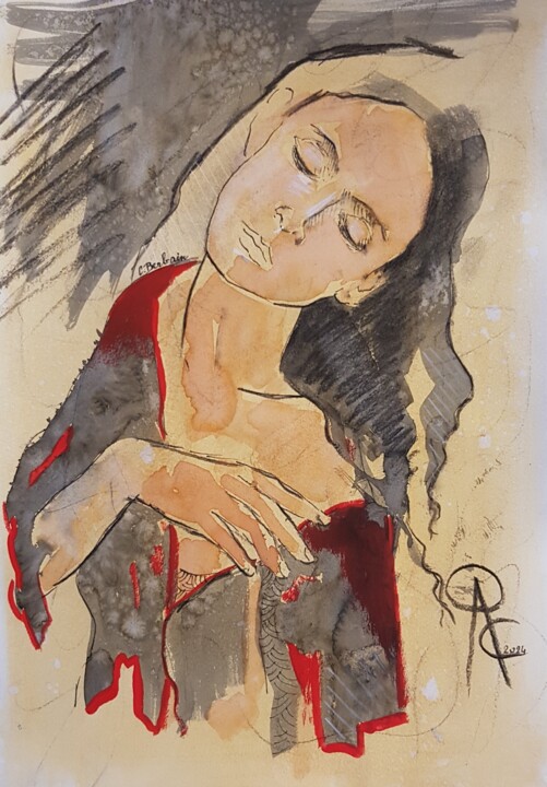 Painting titled "Veste en rouge" by Carine Berbain, Original Artwork, Ink