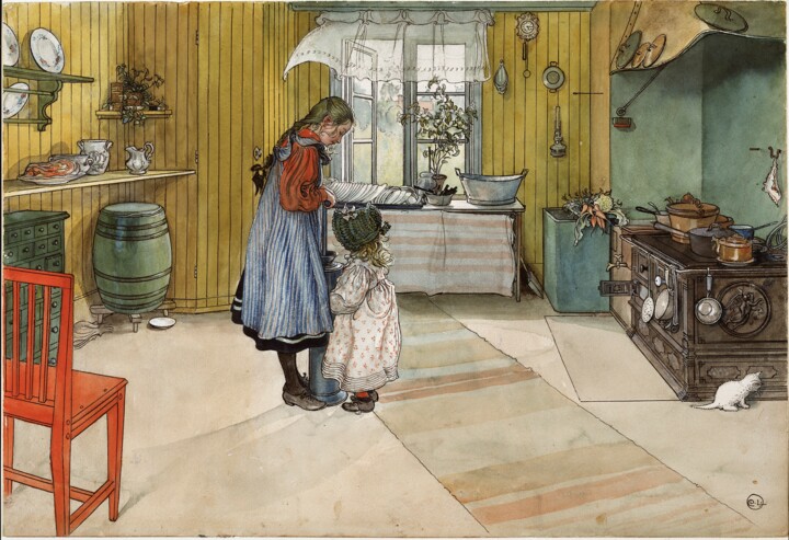 绘画 标题为“La cuisine” 由Carl Larsson, 原创艺术品, 水彩