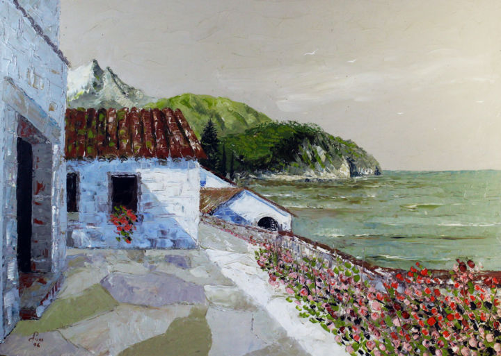 Malerei mit dem Titel "Riviera ligure" von Carlo R. Pisano, Original-Kunstwerk, Öl