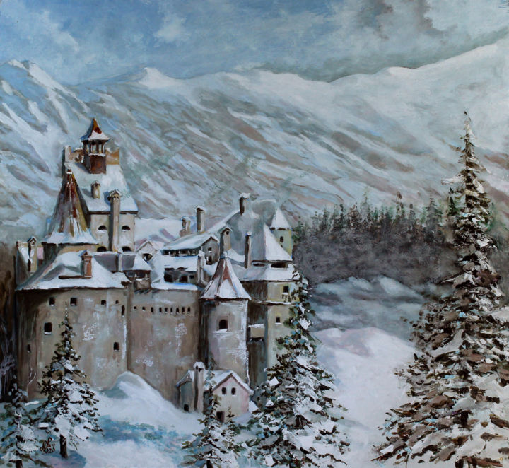 Malerei mit dem Titel "Castello di Bran" von Carlo R. Pisano, Original-Kunstwerk, Öl