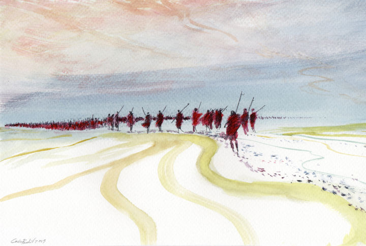 Drawing titled "Red warriors long m…" by Carlos Pardo, Original Artwork, Watercolor