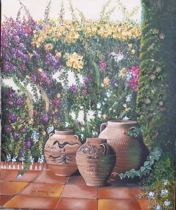 Pintura titulada "Jardín con jarras" por Carmen Gimeno Piquer, Obra de arte original, Oleo Montado en Bastidor de camilla de…
