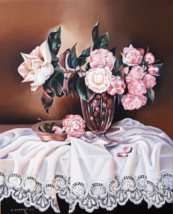 Pintura titulada "Rosas de pitiminí" por Carmen Gimeno Piquer, Obra de arte original, Oleo Montado en Bastidor de camilla de…