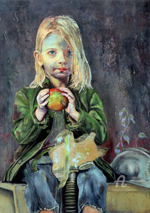 Painting titled "Last apple" by Carolin Okon, Original Artwork, Acrylic Mounted on Wood Stretcher frame