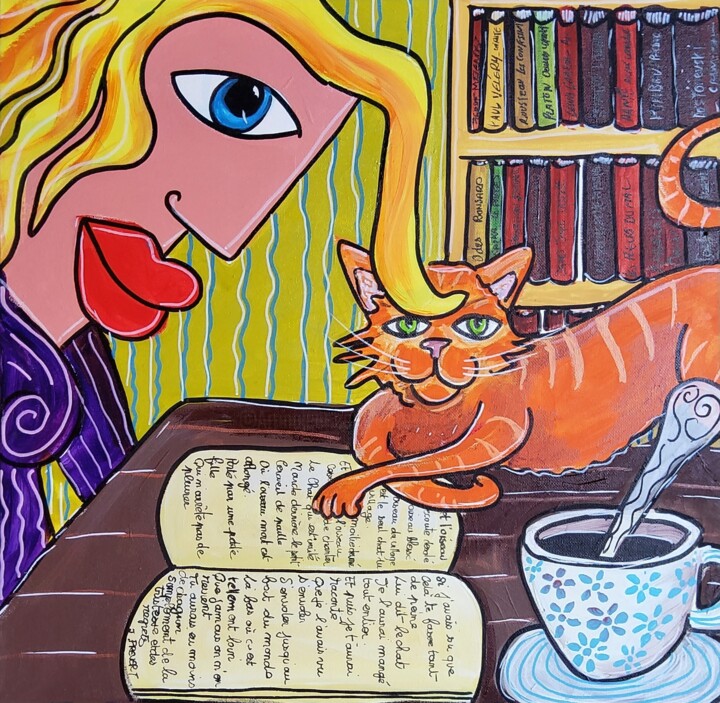 Peinture intitulée "Le chat et l’oiseau" par Caroline Cavalier, Œuvre d'art originale, Acrylique Monté sur Châssis en bois