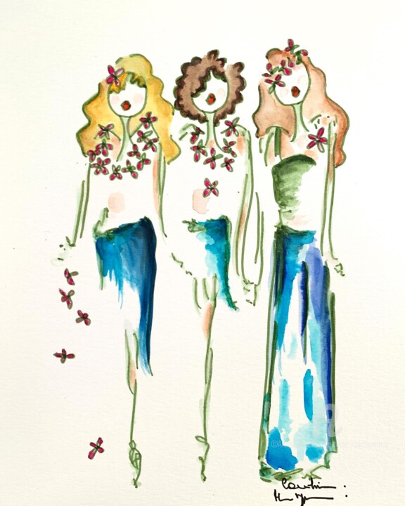 Рисунок под названием "Hibiscus and friendz" - Caroline Montigneaux, Подлинное произведение искусства, Чернила