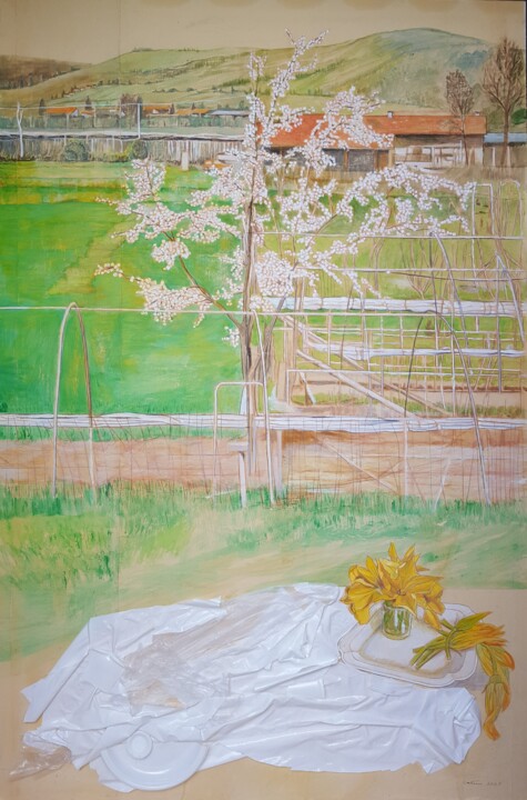 Ζωγραφική με τίτλο "plum tree in bloom…" από Cartasso, Αυθεντικά έργα τέχνης, Ακρυλικό
