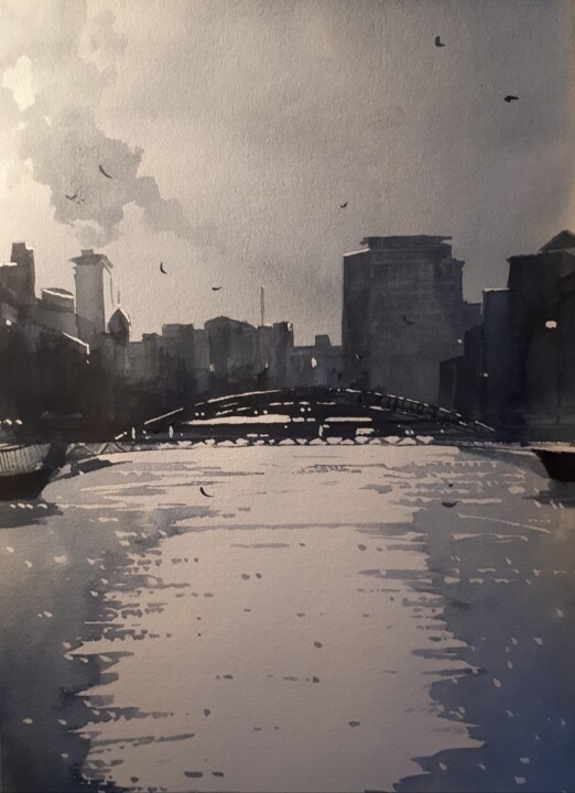 Painting titled "The River Liffey, D…" by Cathal O'Briain, Original Artwork, Watercolor