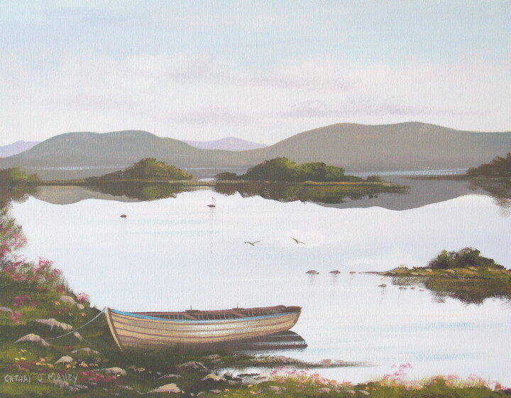 Painting titled "corrib-boat-august.…" by Cathal O Malley, Original Artwork, Acrylic