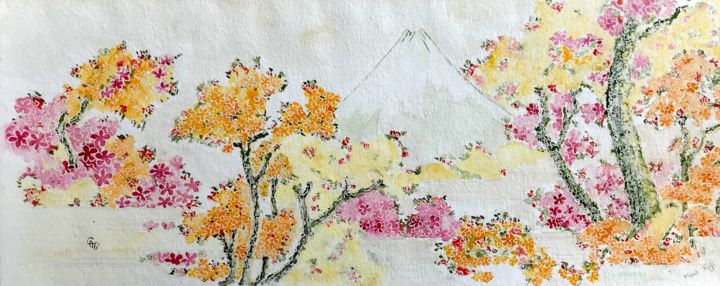 Peinture intitulée "Mont Fuji en fleurs" par Catherine Dentz, Œuvre d'art originale, Aquarelle
