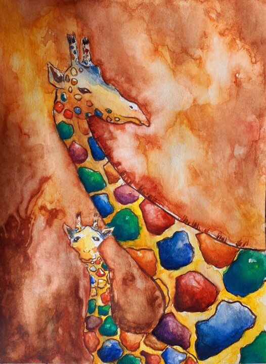 Painting titled "Les girafes" by Catherine Dufrene (Katy), Original Artwork, Watercolor