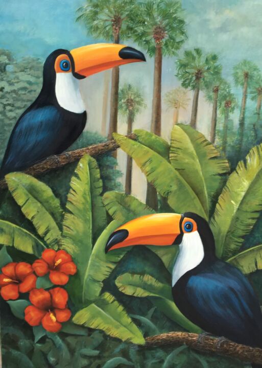 Pittura intitolato "TOUCANS" da Catherine Gillion, Opera d'arte originale, Acrilico Montato su Telaio per barella in legno