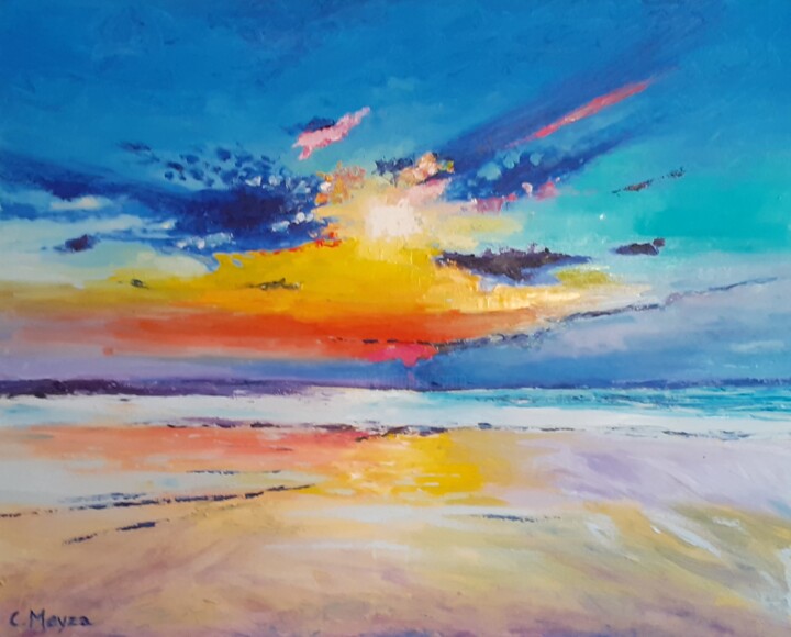 Painting titled "Coucher de soleil à…" by Catherine Meyza, Original Artwork, Oil Mounted on Wood Stretcher frame