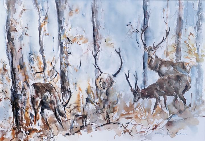 Cerfs En Foret Painting By Catherinesaintfontaine Artmajeur