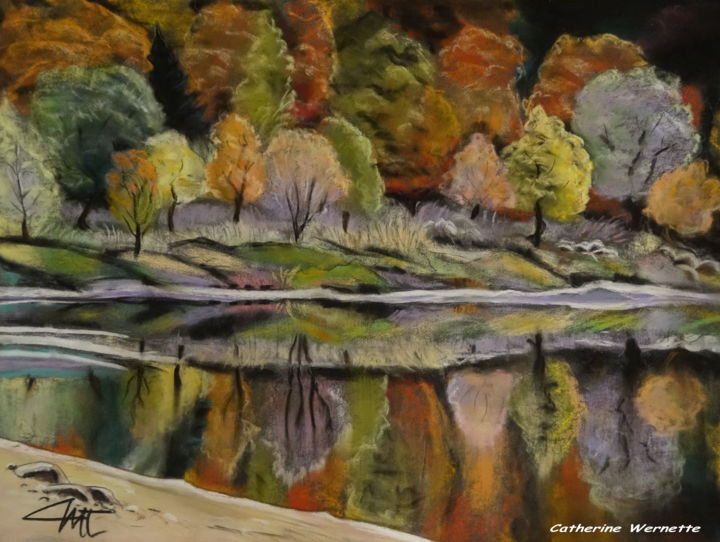 Tekening getiteld "REFLETS SUR LE LAC" door Catherine Wernette, Origineel Kunstwerk, Pastel