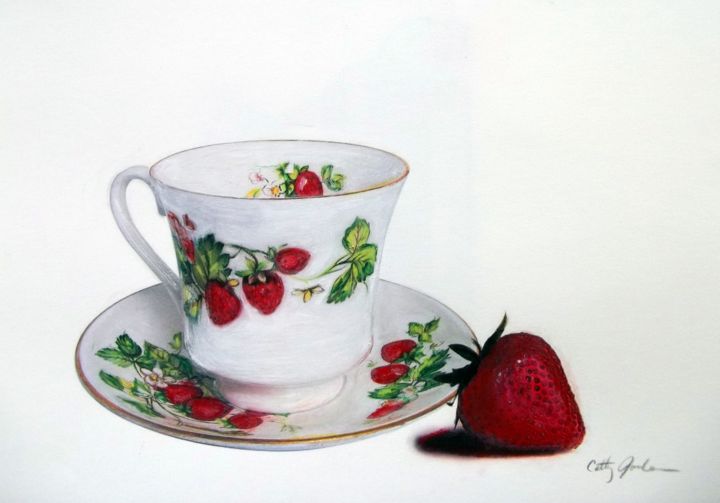 Peinture intitulée "Strawberry and Tea…" par Cathy Jourdan, Œuvre d'art originale