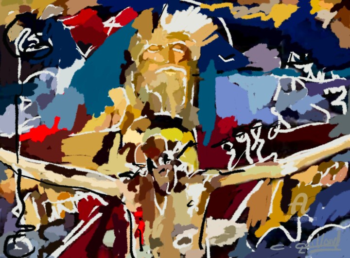 Ζωγραφική με τίτλο "Jésus 3" από Cédric Gaillard, Αυθεντικά έργα τέχνης, Λάδι Τοποθετήθηκε στο Ξύλινο φορείο σκελετό