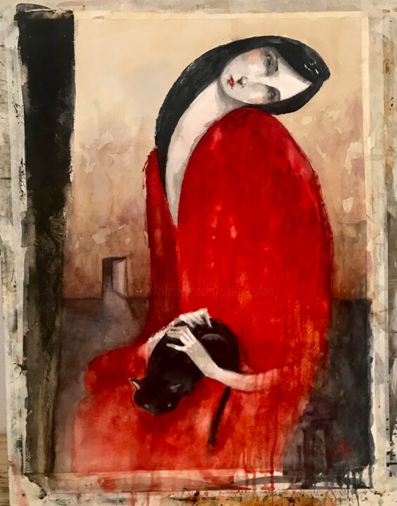 Картина под названием "Felina" - Cesar Ayllón, Подлинное произведение искусства, Акварель