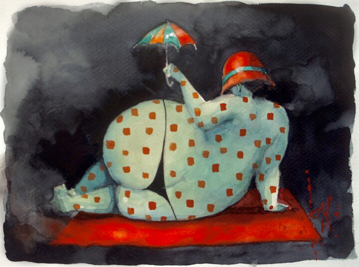 Painting titled "Gordita Playera" by Cesar Ayllón, Original Artwork, Watercolor