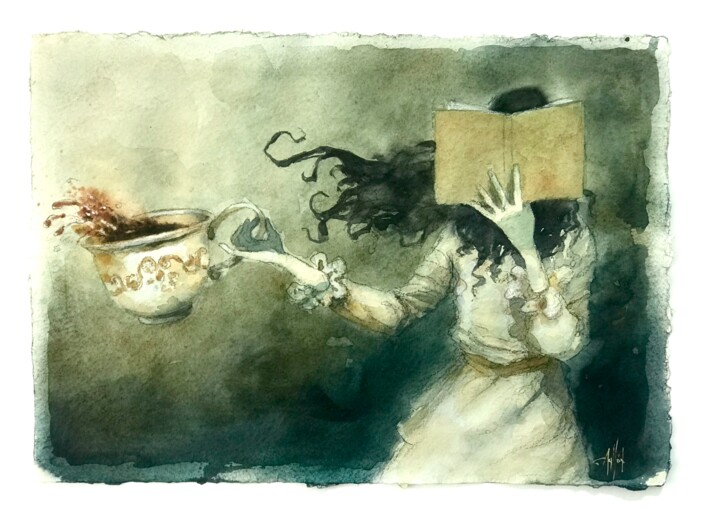 Pintura intitulada "Café al atardecer" por Cesar Ayllón, Obras de arte originais, Aquarela