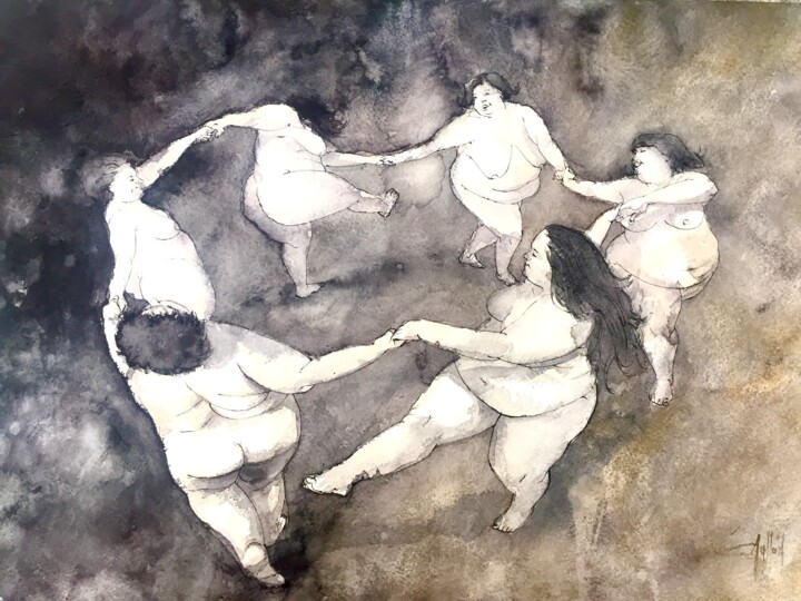 Painting titled "La ronda" by Cesar Ayllón, Original Artwork, Watercolor