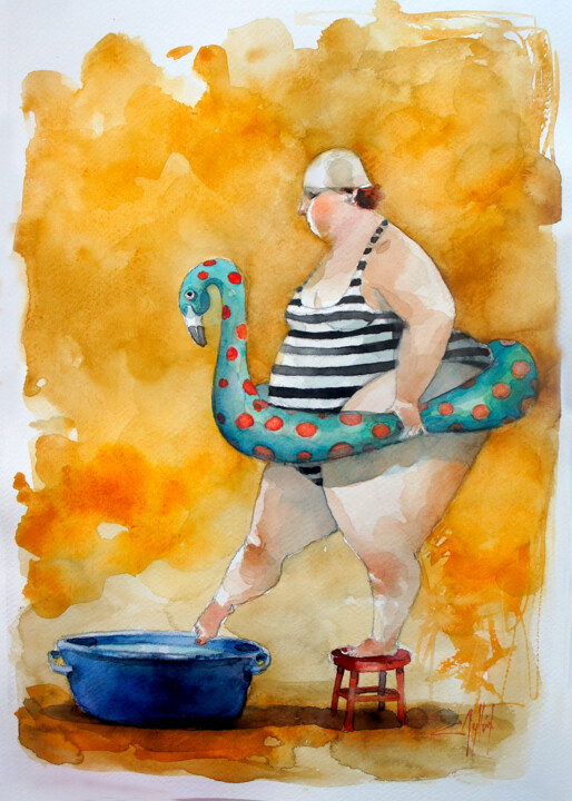 Pintura intitulada "La bañista" por Cesar Ayllón, Obras de arte originais, Aquarela