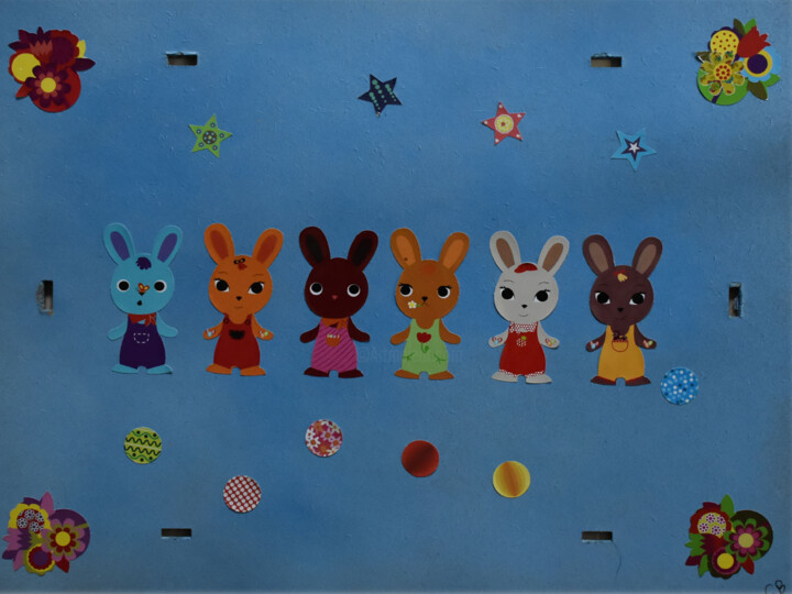 Collages intitolato "Les copains lapins" da Chantal Bonnet, Opera d'arte originale, Collages Montato su Altro pannello rigido