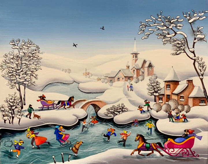 Painting titled "The Happy Skaters" by Charlotte Lachapelle, Original Artwork, Acrylic
