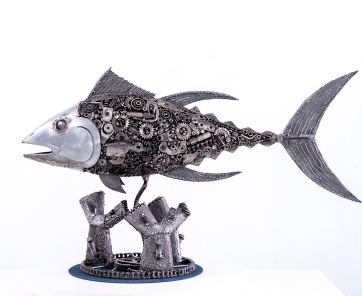 Sculpture intitulée "Tuna fish metal scu…" par Chatree Choorachatatorn (Mari9art), Œuvre d'art originale, Métaux