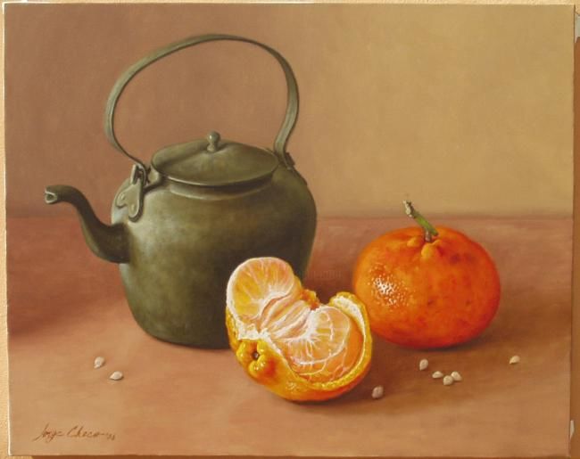 Peinture intitulée "mandarinas y tetera" par Jorge Checo, Œuvre d'art originale