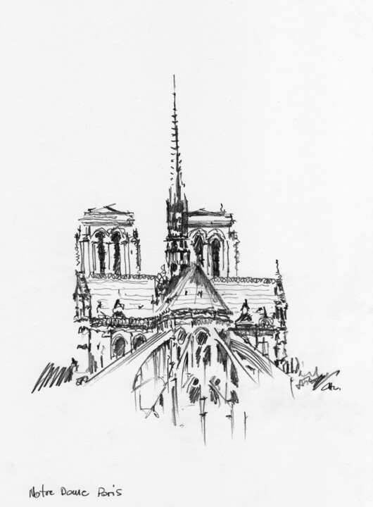 Dessin intitulée "Notre Dame Paris 01" par Chelo Leyria, Œuvre d'art originale, Crayon