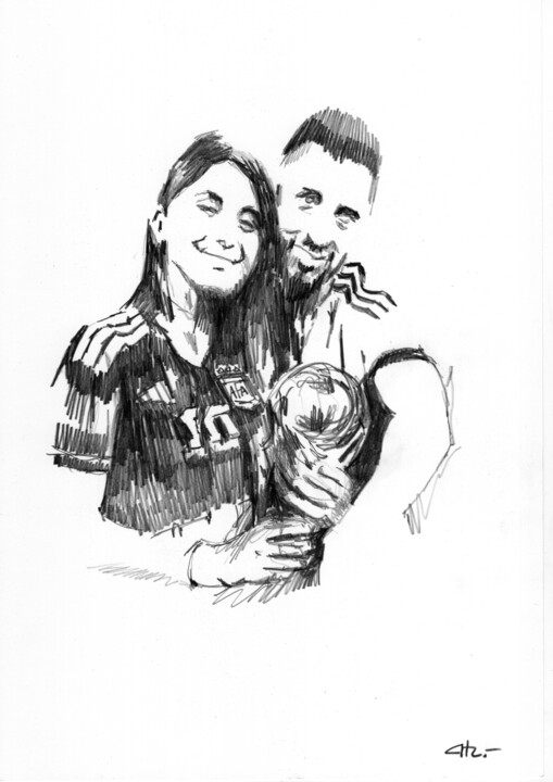 Drawing titled "Lio Messi con Anton…" by Chelo Leyria, Original Artwork, Pencil